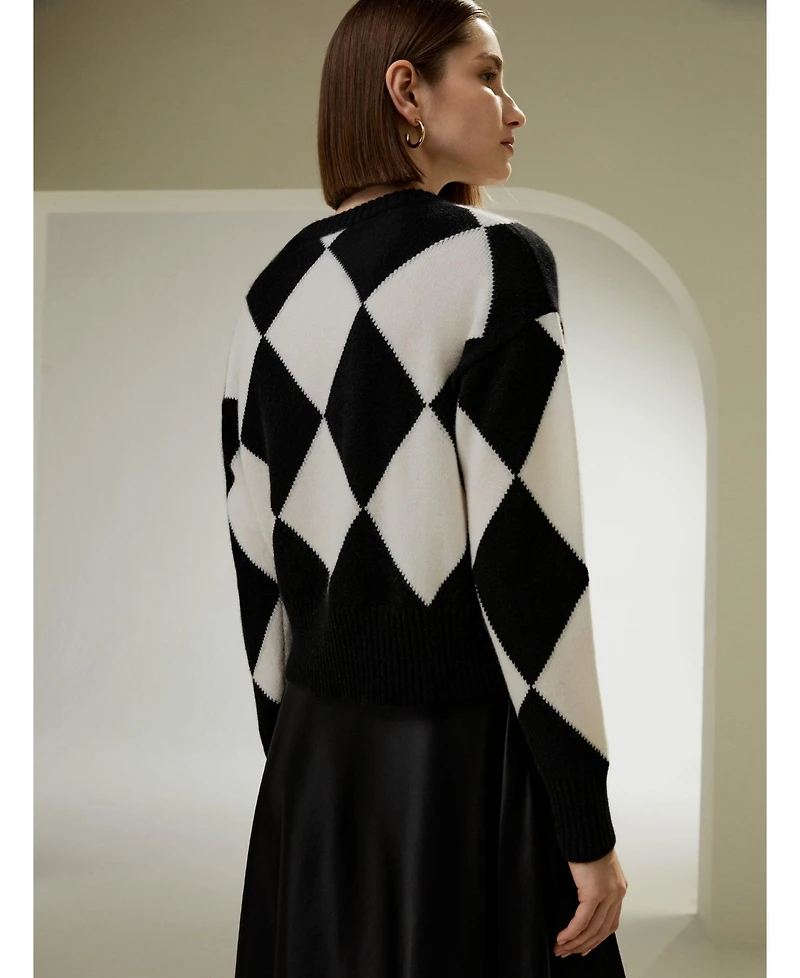 Lilysilk Women's Round Neck Diamond Pattern Cashmere Sweater