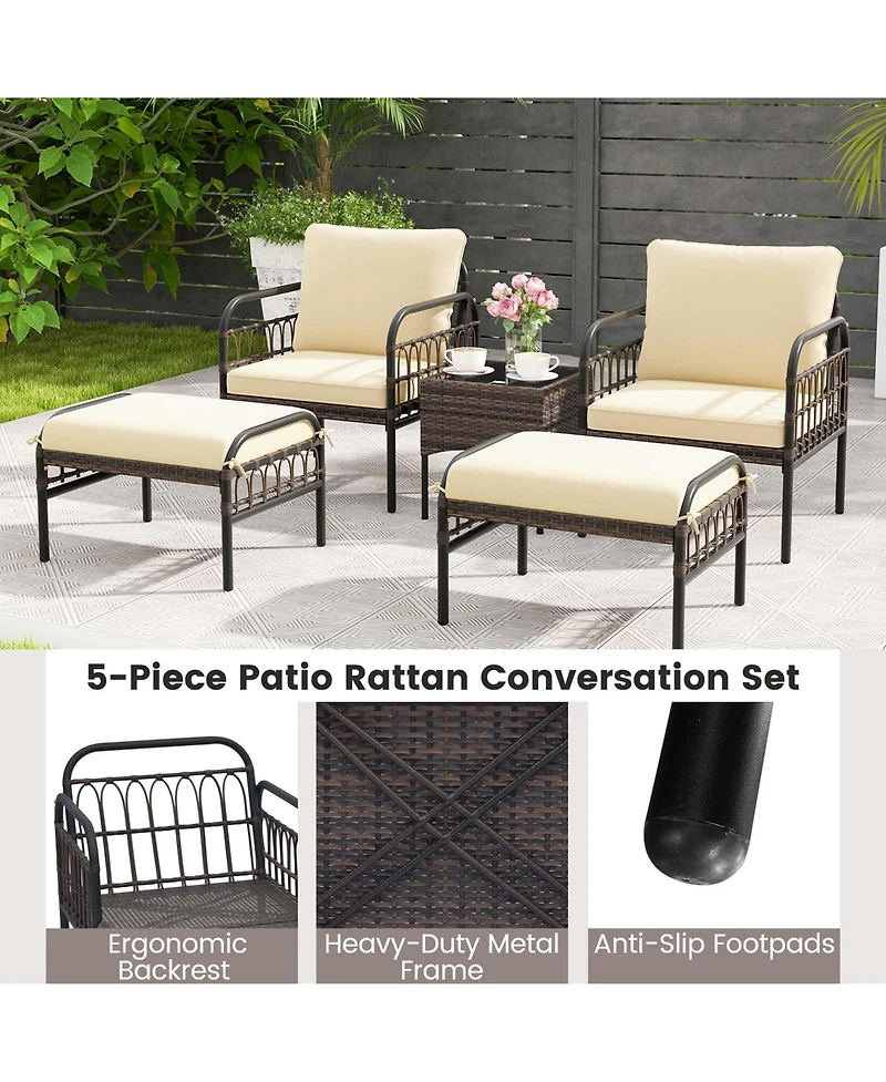 5 Pcs Patio Conversation Set Outdoor Wicker Chair Set with Ottomans & Coffee Table