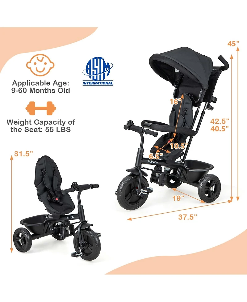 Costway Toddler 4-in-1 Multifunctional Tricycle Trike with Removable Canopy & Push Handle