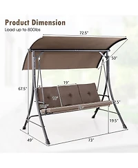 3-Seat Outdoor Porch Swing Adjustable Canopy Padded Cushions Steel Frame