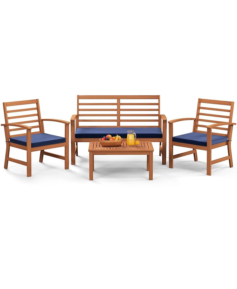 4 Pcs Outdoor Furniture Set with Soft Seat Cushions Stable Acacia Wood Frame