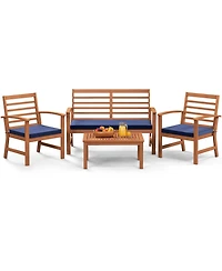 4 Pcs Outdoor Furniture Set with Soft Seat Cushions Stable Acacia Wood Frame