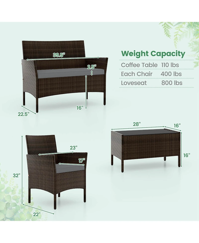 4 Pcs Patio Furniture Set with Washable Cushions and Tempered Glass Coffee Table
