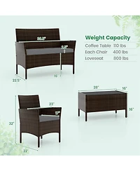 4 Pcs Patio Furniture Set with Washable Cushions and Tempered Glass Coffee Table