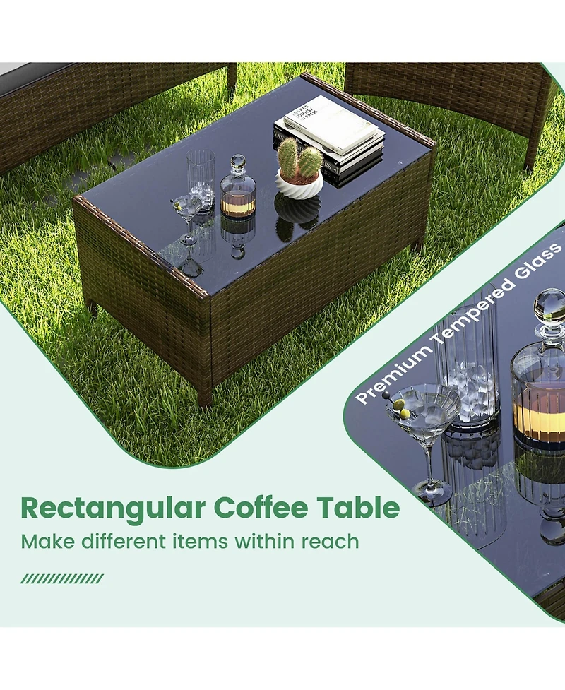 4 Pcs Patio Furniture Set with Washable Cushions and Tempered Glass Coffee Table