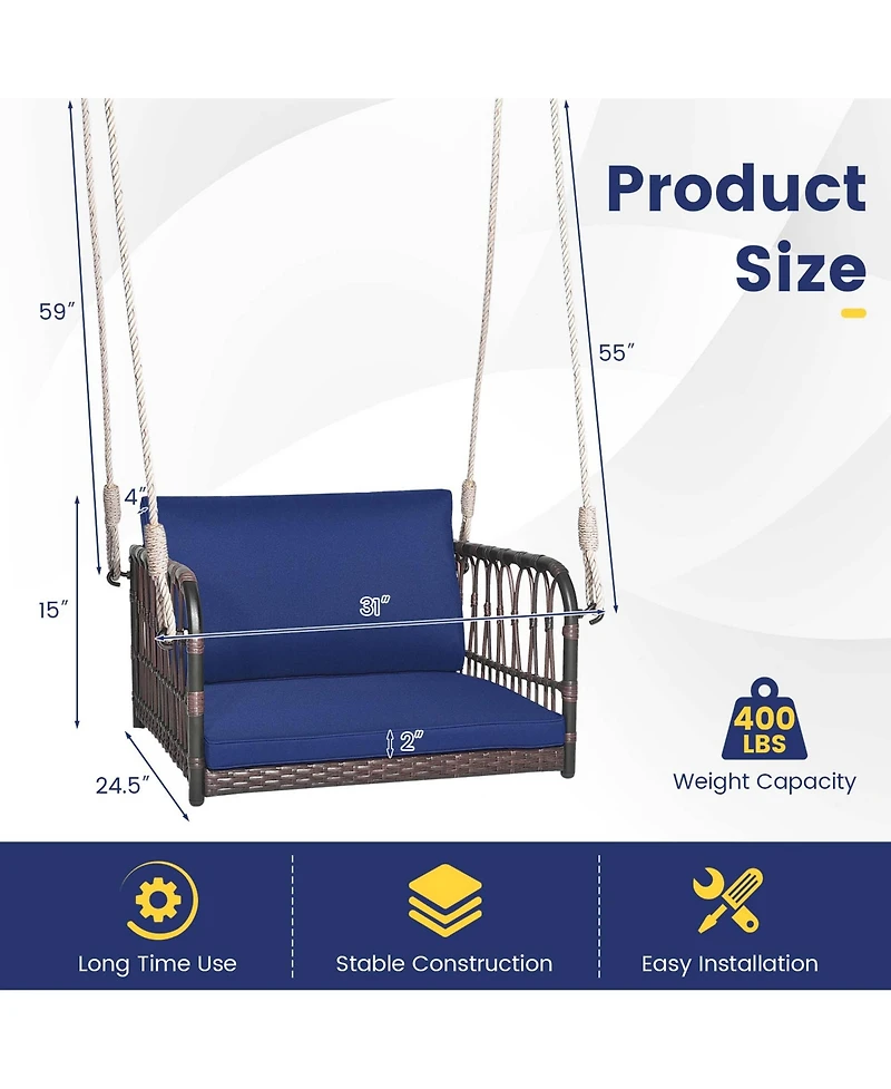 Costway Porch Swing Chair Rattan Woven Hanging Bench Seat with Cushions Hooks Balcony Navy