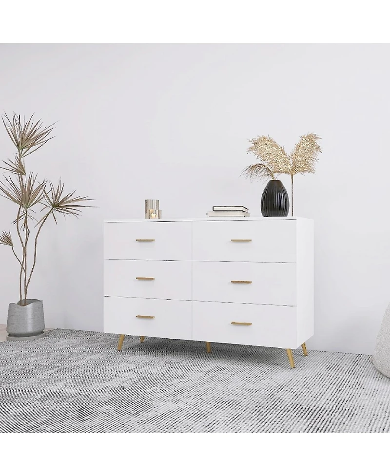 Simplie Fun White 6-Drawer Chest with Golden Accents
