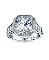 Bling Jewelry Art Deco Style 5CT Cz Side Baguette Stones Halo Square Promise Solitaire Ring .925 Sterling Silver