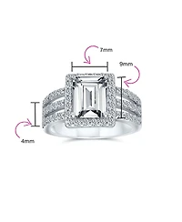 Bling Jewelry Art Deco Style 3CT Rectangle Cz Emerald Cut Halo Promise Ring Wide Band .925 Sterling Silver