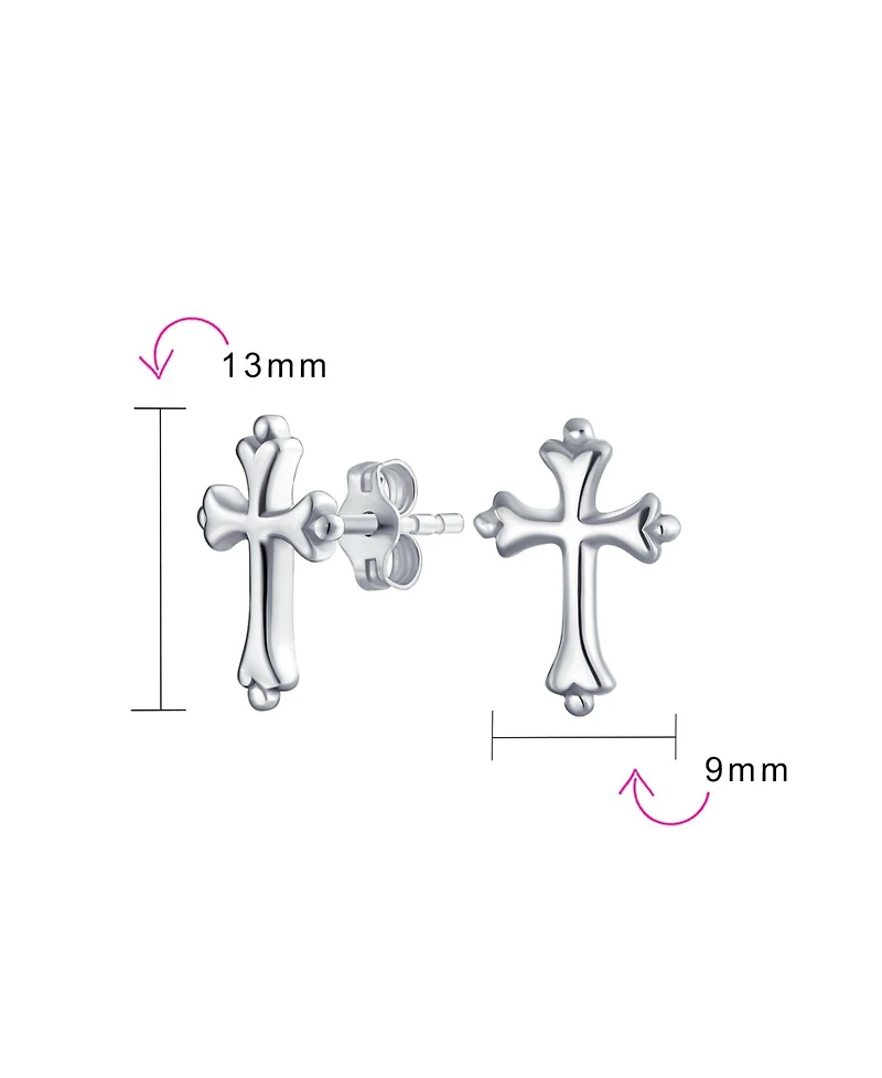 Bling Jewelry Delicate Simple Fleur De Lis Cross Stud Earrings: Minimalist Religious Jewelry Communion Gift Sterling Silver