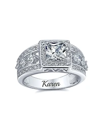 Bling Jewelry Square Cut Halo Cz Art Deco Style Princess Promise Ring Wide 3 Row Band Sterling Silver Ring