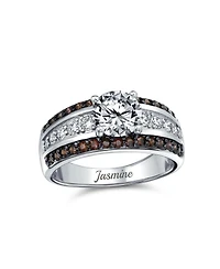 Bling Jewelry 3CTW Cz Two Tone Chocolate Brown Color Clear Round Solitaire Promise Ring 3 Row Wide Pave Band Silver Plated