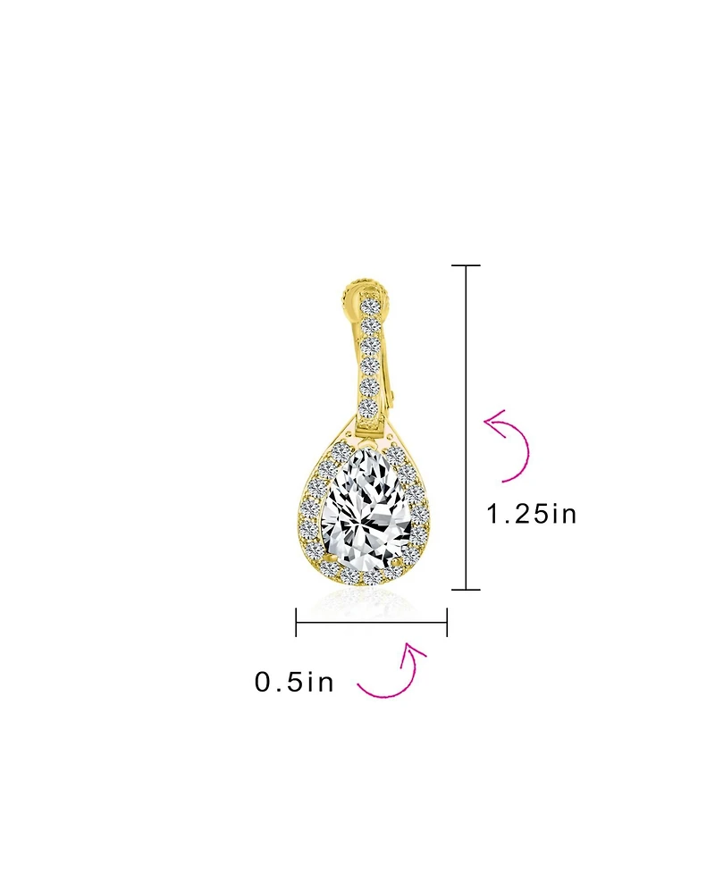 Bling Jewelry Style Halo Clear Cubic Zirconia Cz Fashion Formal Dangle Drop Teardrop Screw Back Clip On Earrings Prom Gold Plated