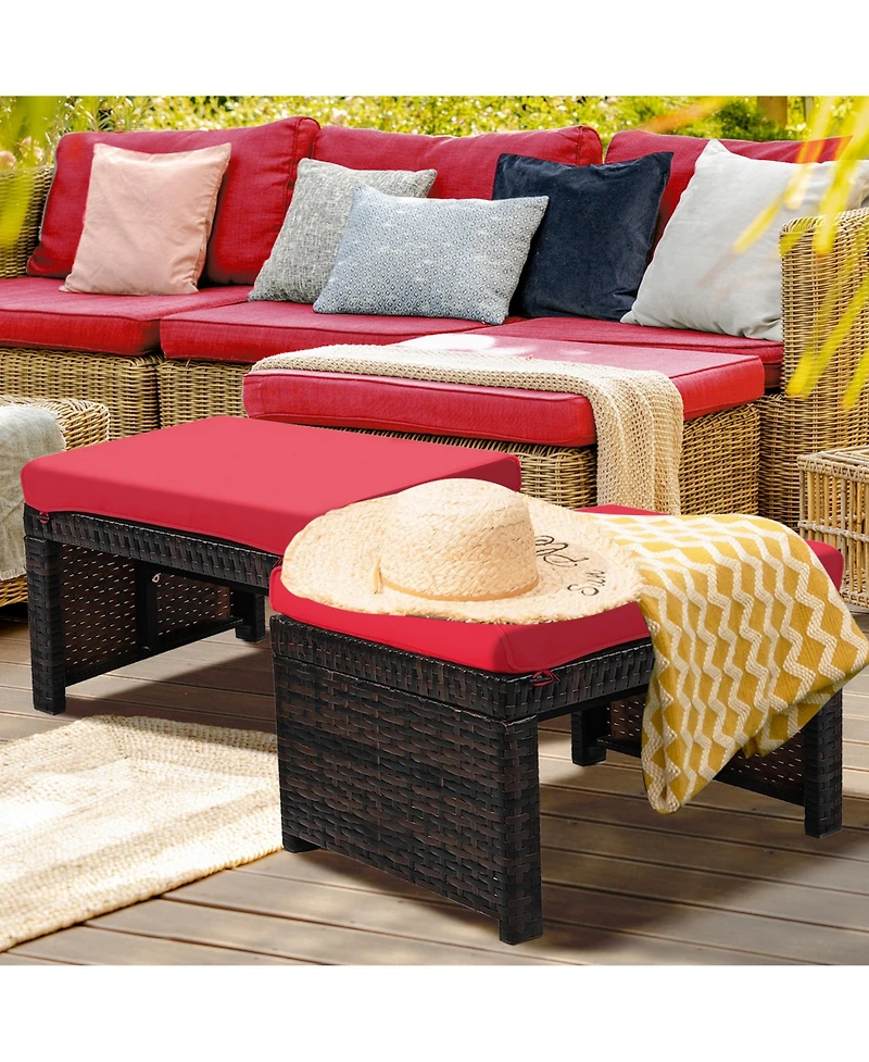 Gymax Set of 2 Rattan Ottoman Footrest Footstool Patio Furniture w/ White Cushion