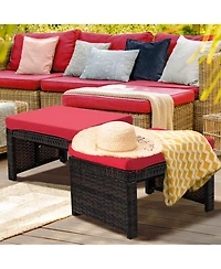 Gymax Set of 2 Rattan Ottoman Footrest Footstool Patio Furniture w/ White Cushion