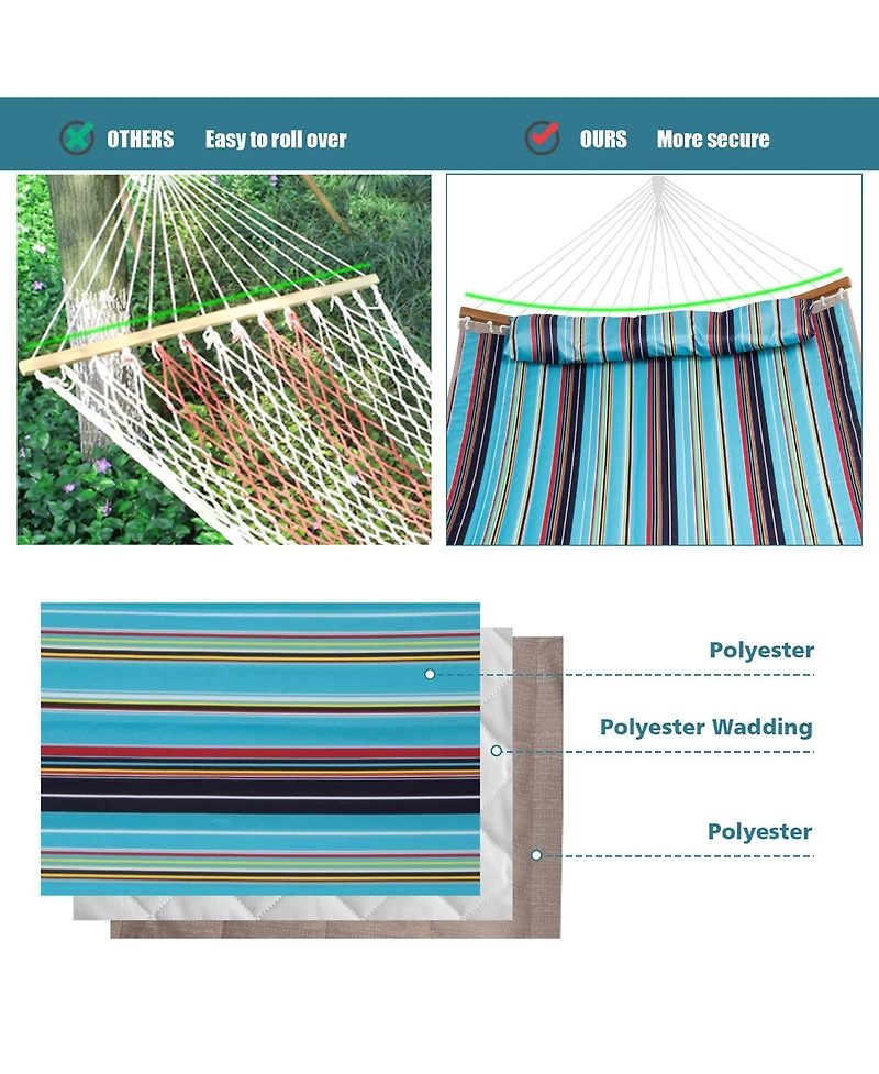 Costway Hammock w/ Pillow Curved Bamboo Spreader Bar Chain Portable Indoor Outdoor