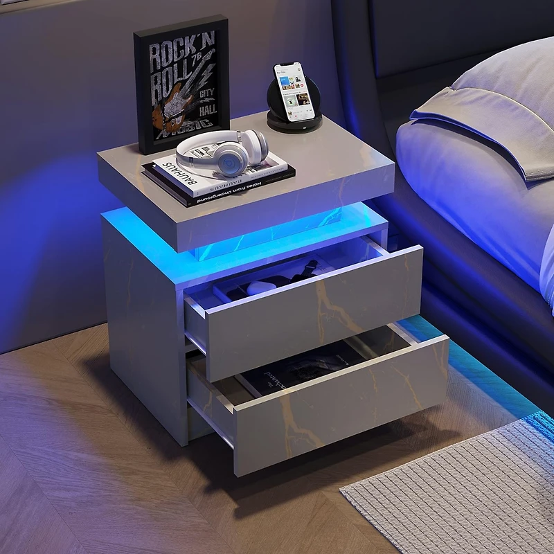Streamdale Led Nightstand with Drawers (Gray Gold)