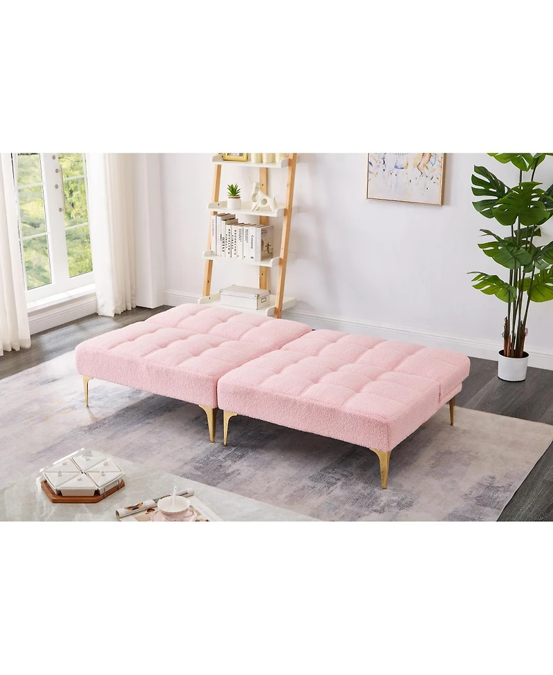 Simplie Fun 71" Convertible Sofa Bed Futon With Gold Metal Legs Teddy Fabric (Pink)