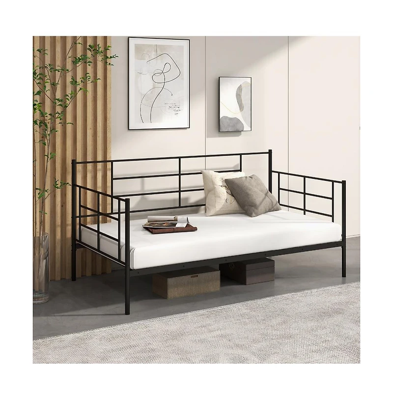 Twin Size Metal Daybed Sofa Bed Frame with Armrests and Backrest