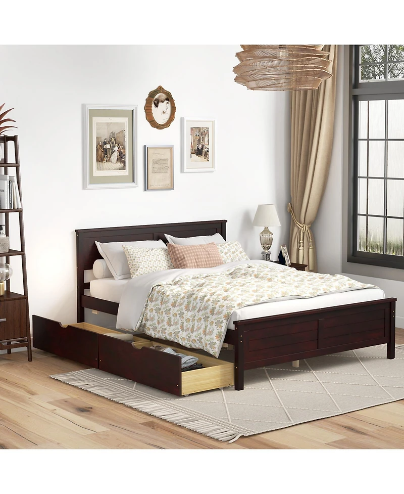 Full Bed Frame with Storage Drawers and Solid Wood Headboard