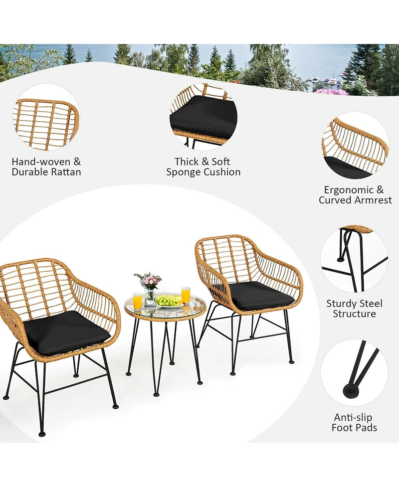 Slickblue 3 Pieces Rattan Furniture Set with Cushioned Chair Table