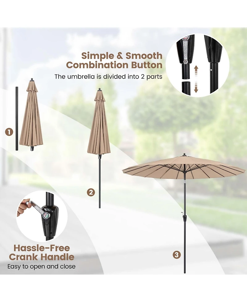 9 Ft Patio Round Market Umbrella with Push Button Tilt, Crank Handle
