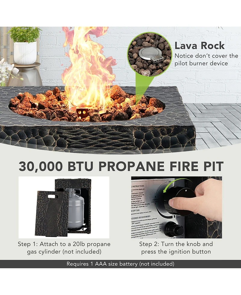 Costway 16'' Square Outdoor Propane Fire Pit w/Lava Rocks Waterproof Cover 30,000 Btu