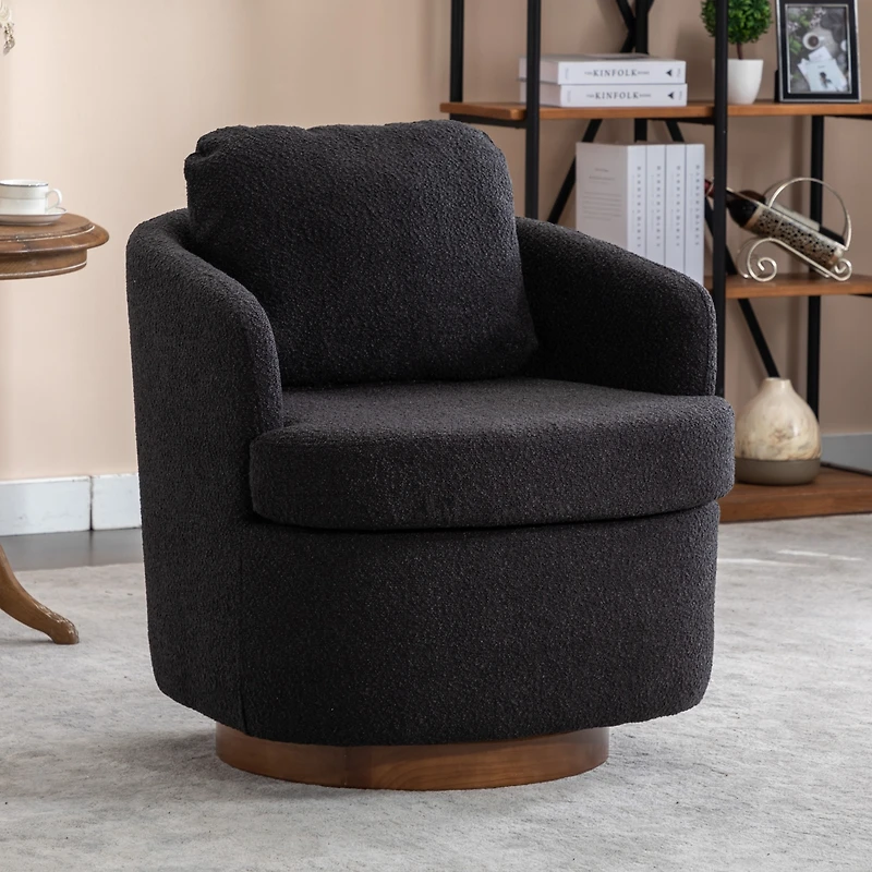 Streamdale Black Boucle Swivel Accent Chair with Wood Base