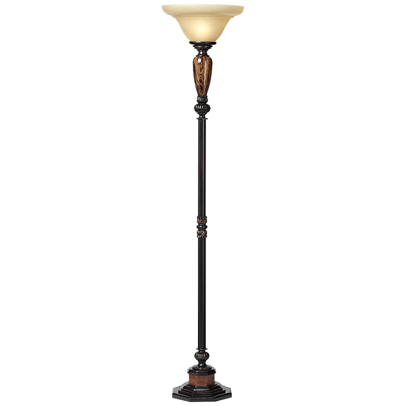 Sonnett Industrial Vintage like Torchiere Floor Lamp Standing 72" Tall Bronze Brown Faux Marble Alabaster Glass Shade Decor for Living Room Readi