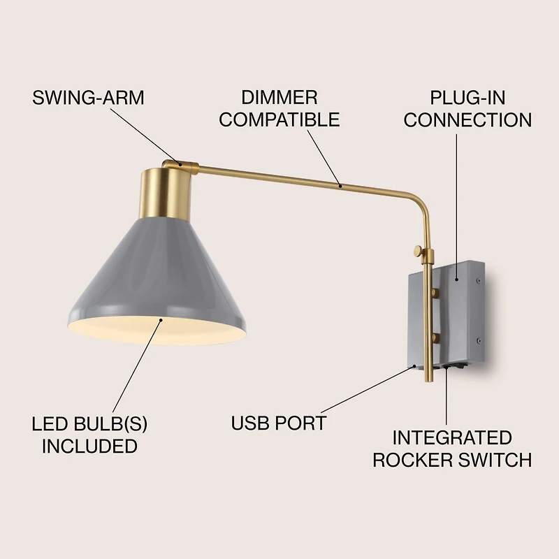 Jonathan Y Max Swing Arm Modern Midcentury Iron Usb Charging Port Led Sconce