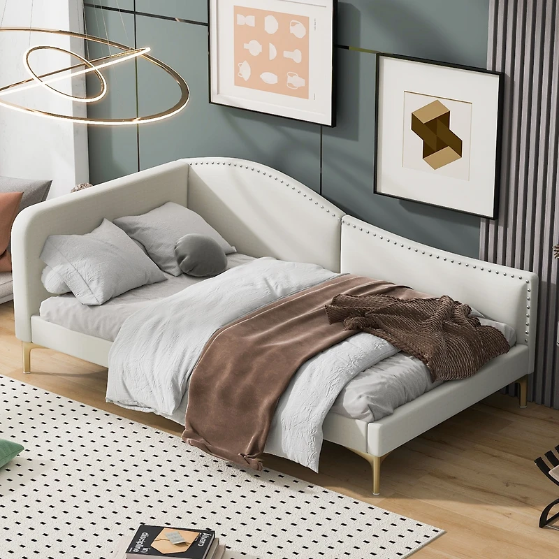 Streamdale Twin Size Upholstered Daybed With Headboard And Armrest, Support Legs