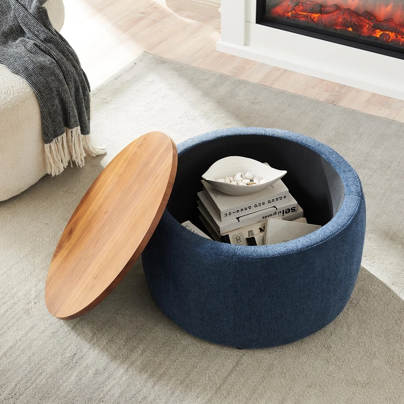 Streamdale Round Storage Ottoman, 2 In 1 Function, Work As End Table And Ottoman