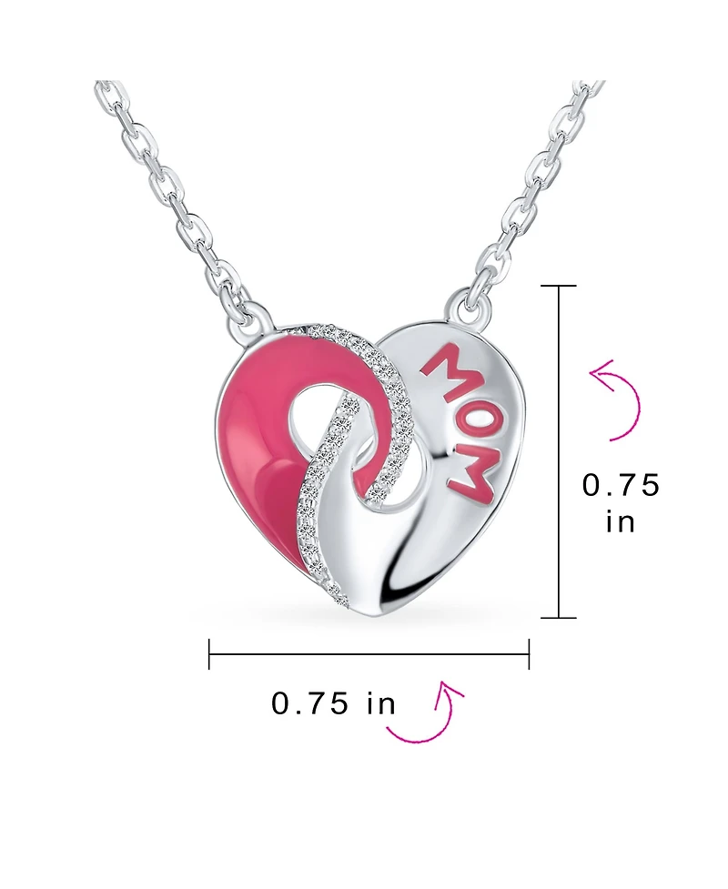 Bling Jewelry Crystal Accent 3D Interlocking Pink Enamel Heart Message Word Mom Heart Necklace Pendant For Women Mother Sterling Silver