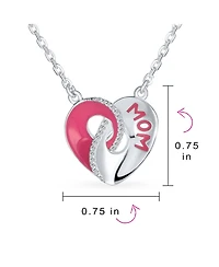 Bling Jewelry Crystal Accent 3D Interlocking Pink Enamel Heart Message Word Mom Heart Necklace Pendant For Women Mother Sterling Silver