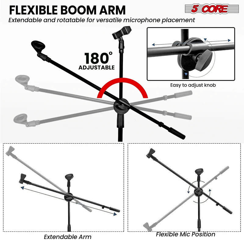 5 Core Mic Stand Floor Height Adjustable Tripod Microphone Stands w Extending Telescoping Boom Arm - Ms Dbl
