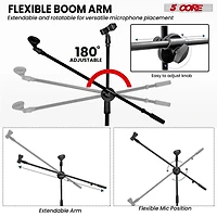 5 Core Mic Stand Floor Height Adjustable Tripod Microphone Stands w Extending Telescoping Boom Arm - Ms Dbl