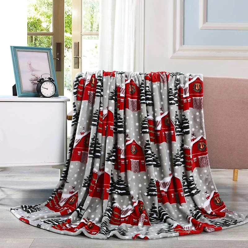 Kate Aurora Ultra Soft & Cozy Christmas Gray Snowy Barn Plush Accent Throw Blanket Cover