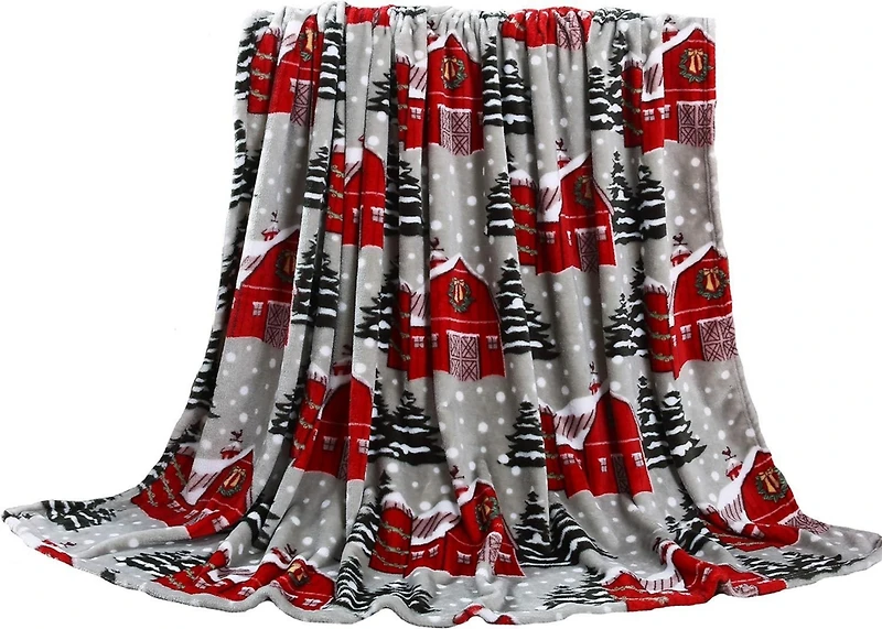 Kate Aurora Ultra Soft & Cozy Christmas Gray Snowy Barn Plush Accent Throw Blanket Cover