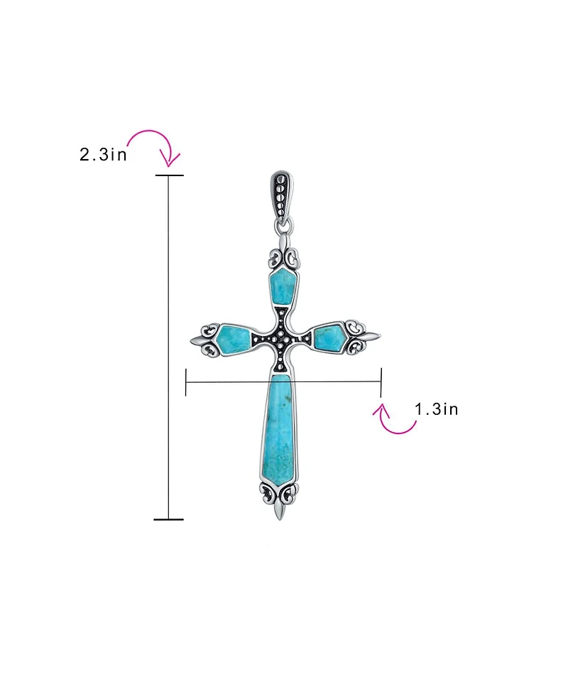 Bling Jewelry Western Style Spiritual Religious Blue Natural Turquoise Fleur De Lis Cross Pendant Necklace Oxidized Sterling Silver