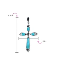 Bling Jewelry Western Style Spiritual Religious Blue Natural Turquoise Fleur De Lis Cross Pendant Necklace Oxidized Sterling Silver