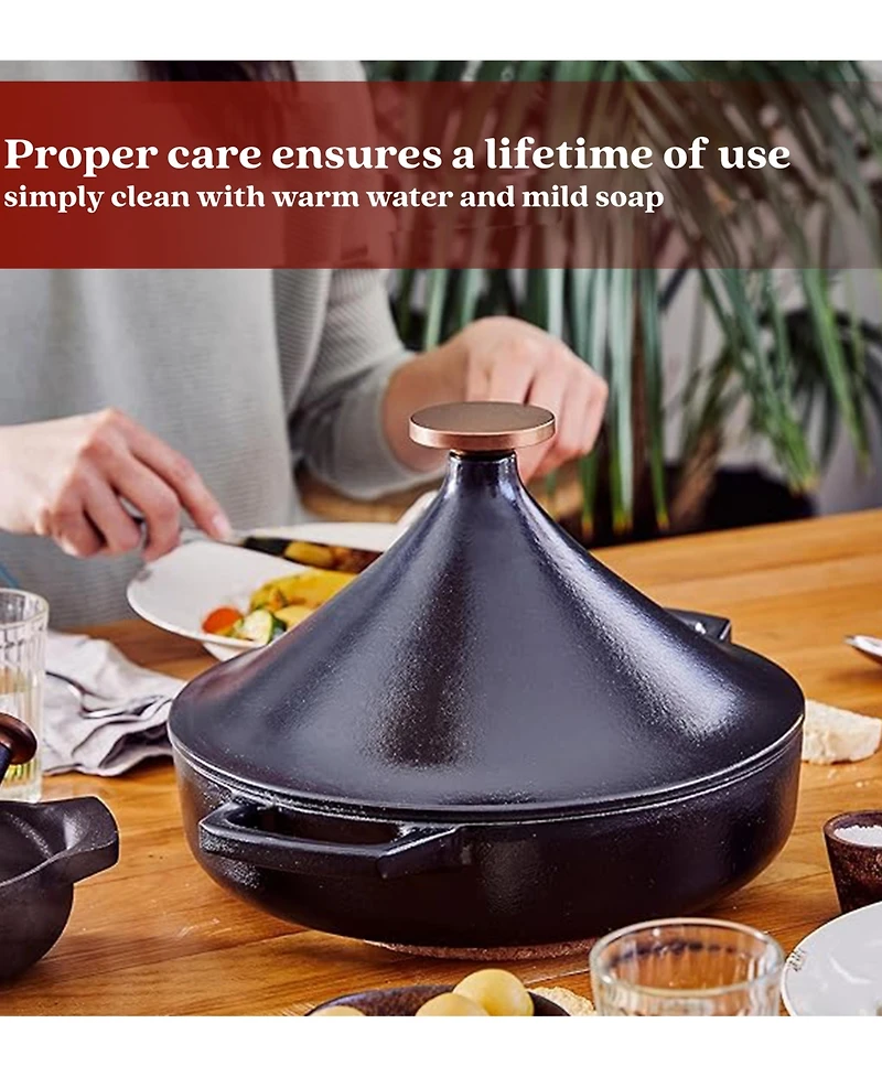 Alva Nori 3Qt Enameled Cast Iron Authentic Moroccan Tagine with Bronze Gold Knob