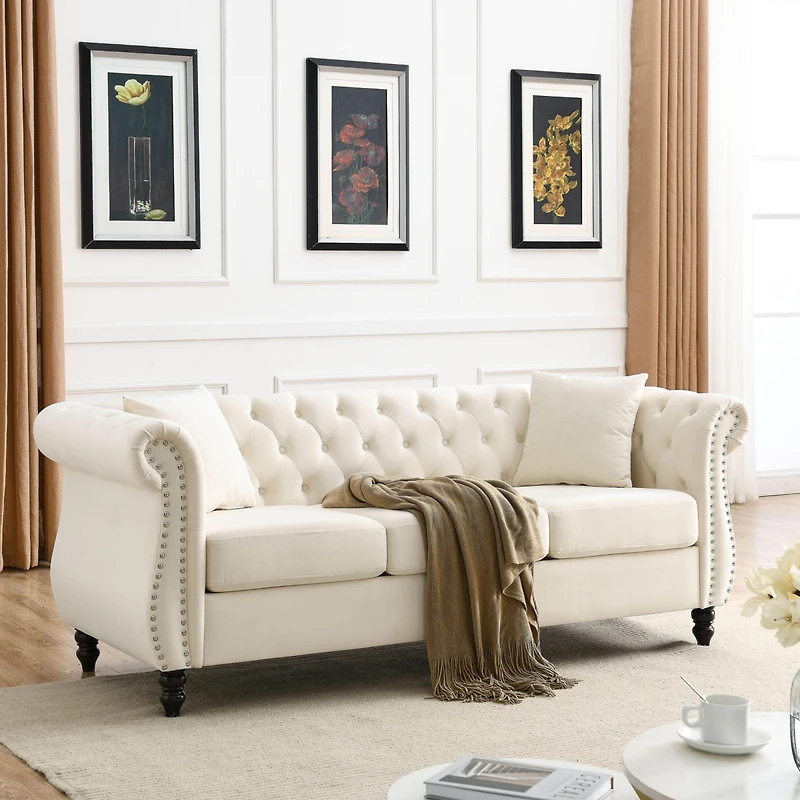 Streamdale Furniture Beige Velvet Chesterfield Sofa with Tufted Couch and Nailhead Trim