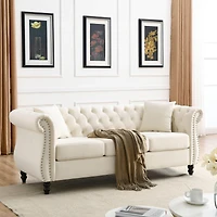 Streamdale Furniture Beige Velvet Chesterfield Sofa with Tufted Couch and Nailhead Trim