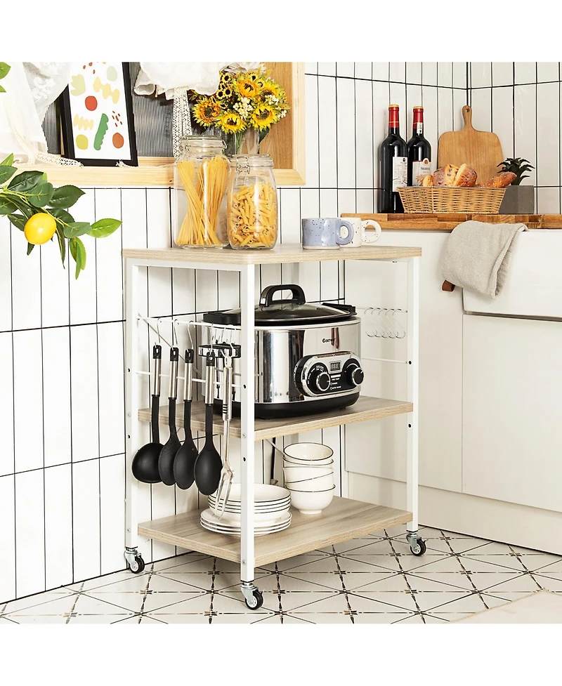 3-Tier Kitchen Baker's Rack with Microwave Shelf, Storage Hooks, and Utility Cart
