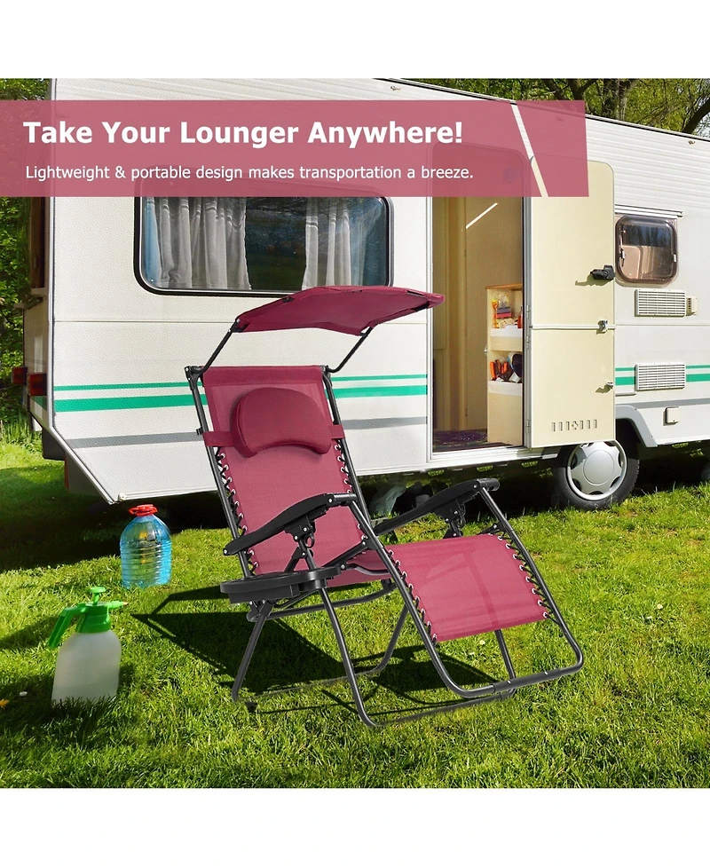 Slickblue Folding Recliner Lounge Chair with Shade Canopy Cup Holder