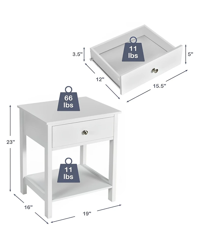 Sugift Wooden Storage Shelf Nightstands with Drawer for Bedroom and Living Room-White