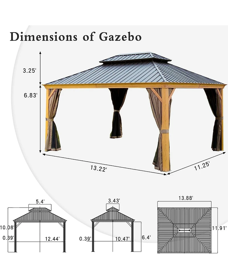 Mondawe 12x14ft Hardtop Gazebo, Wooden Coated Aluminum Frame Canopy with Galvanized Steel Double Roof, Outdoor Permanent Metal Pavilion with Curtains
