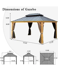 Mondawe 12x14ft Hardtop Gazebo, Wooden Coated Aluminum Frame Canopy with Galvanized Steel Double Roof, Outdoor Permanent Metal Pavilion with Curtains