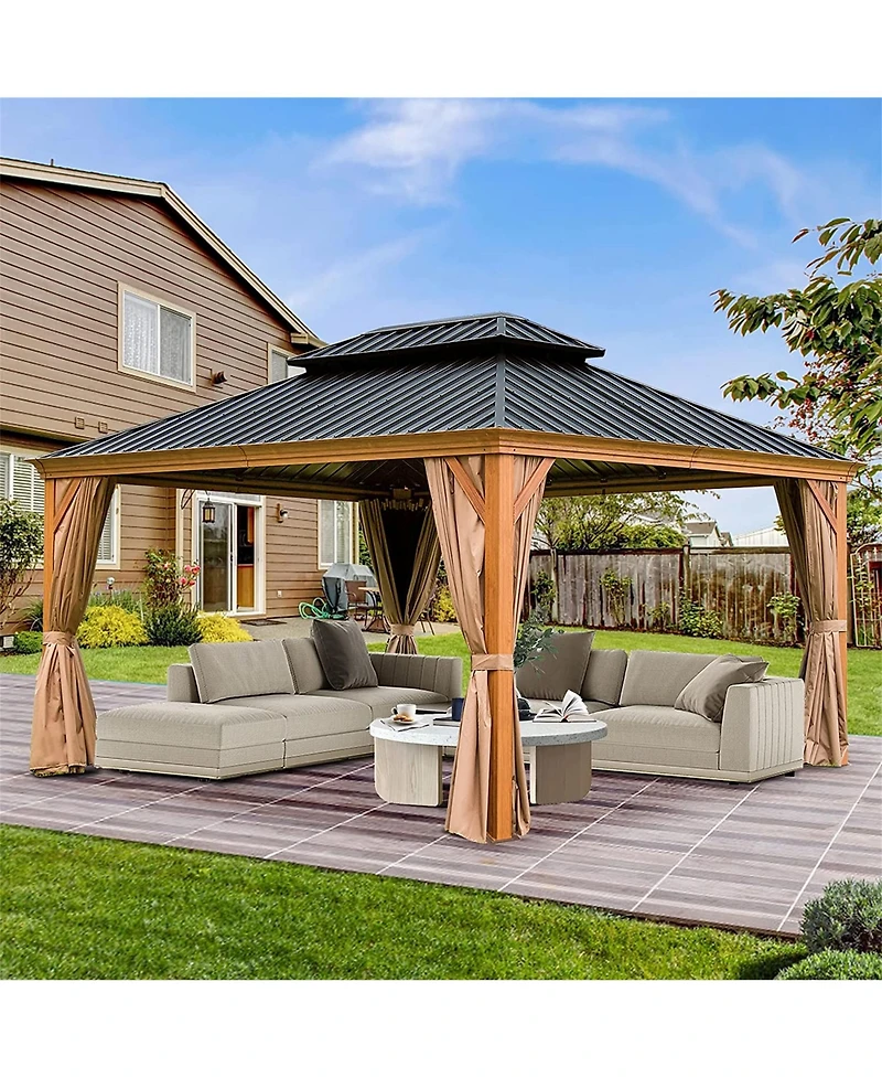 Mondawe 12x14ft Hardtop Gazebo, Wooden Coated Aluminum Frame Canopy with Galvanized Steel Double Roof, Outdoor Permanent Metal Pavilion with Curtains