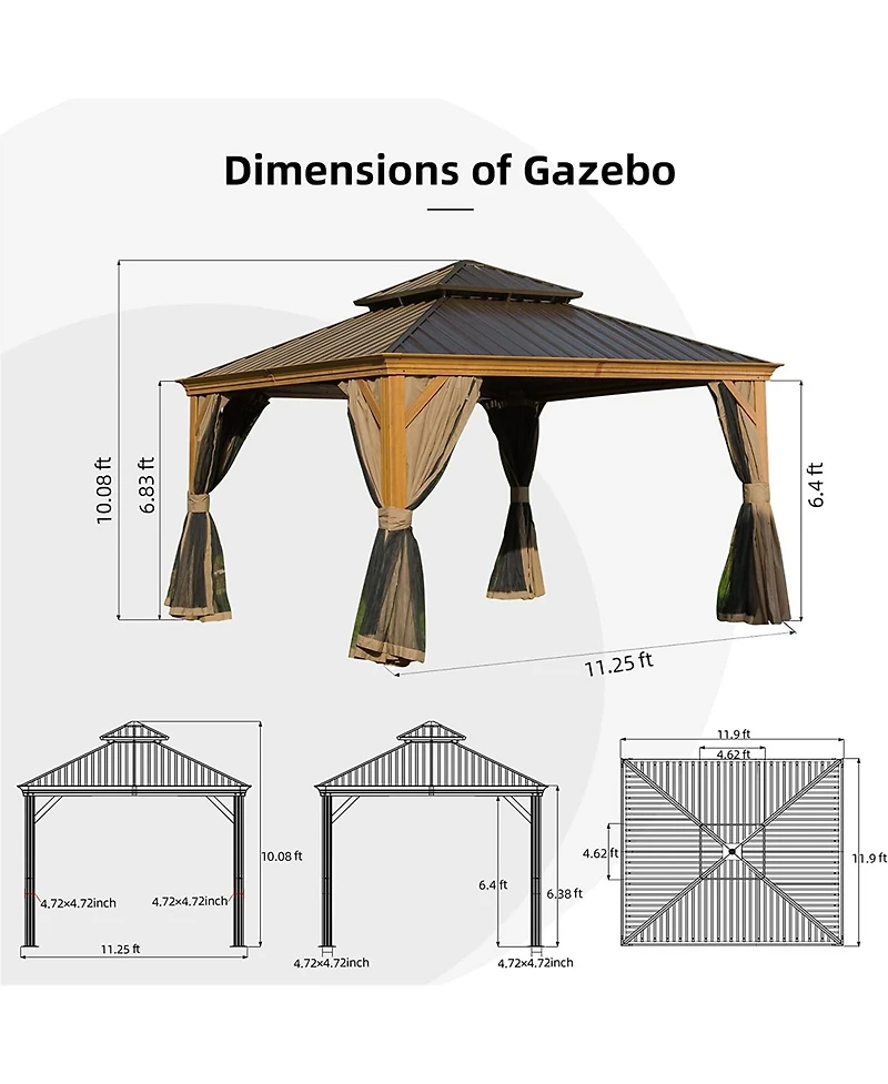 Mondawe 12x12ft Hardtop Gazebo, Wooden Coated Aluminum Frame Canopy with Galvanized Steel Double Roof, Outdoor Permanent Metal Pavilion with Curtains